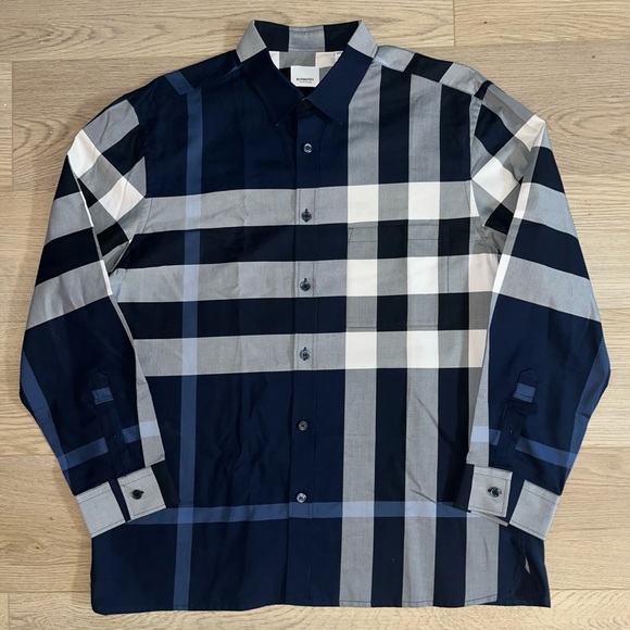 Burberry Blue and White Checkered Button Down Shirt